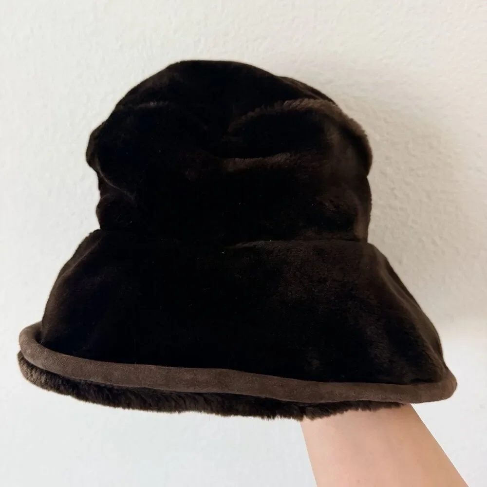 Vintage Gilly Forge London Brown Faux Fur Cloche Bucket Hat S/M Pillbox Mod Ski